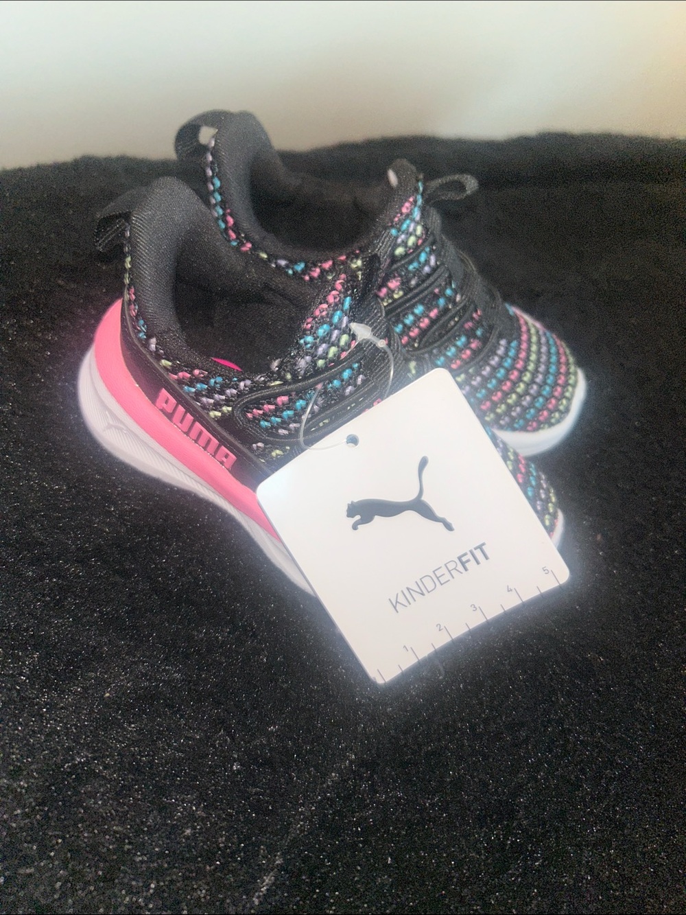 Puma Kids Black Sneakers with Pink and Multicolor Knit